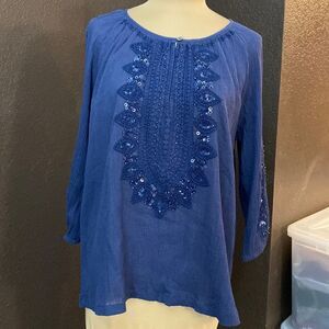 Tommy Bahama navy blue boho embroidered beaded 3/4 sleeve cotton gauze tunic top